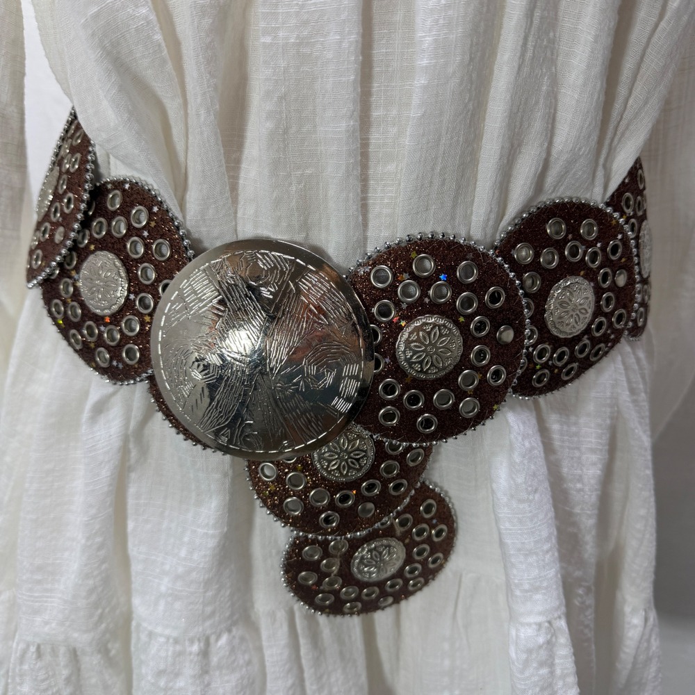 Vintage Style Brown Glitter Disc Belt Silver Concho Grommet Star Rodeo Boho M/L